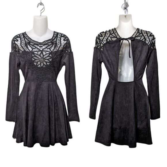 NWT SELFIE LESLIE Faux Suede Lace Cutout Back Skater Dress S - Picture 1 of 9